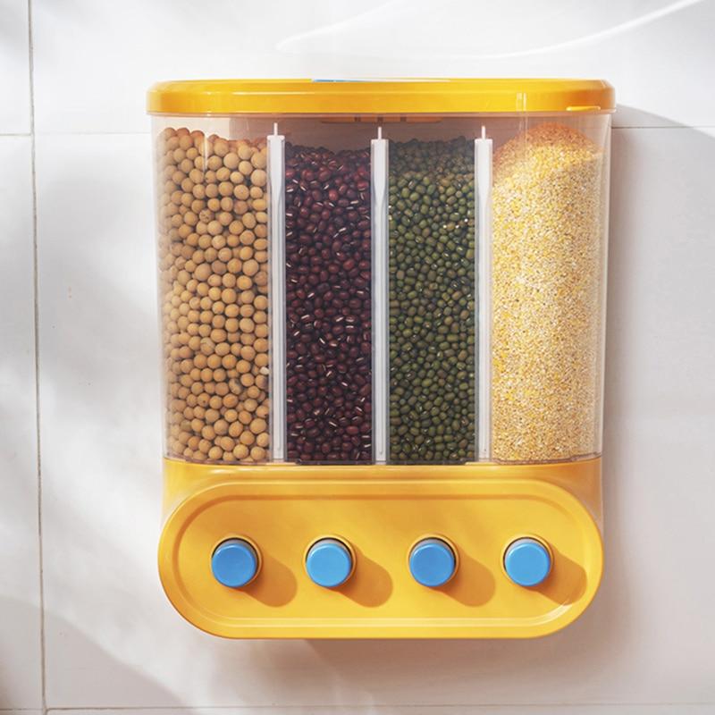 Grids Food Grains Storage Box Tank Sealed Moisture Proof Rice Buckets Wall Mounted Kitchen Bulk Classified Container