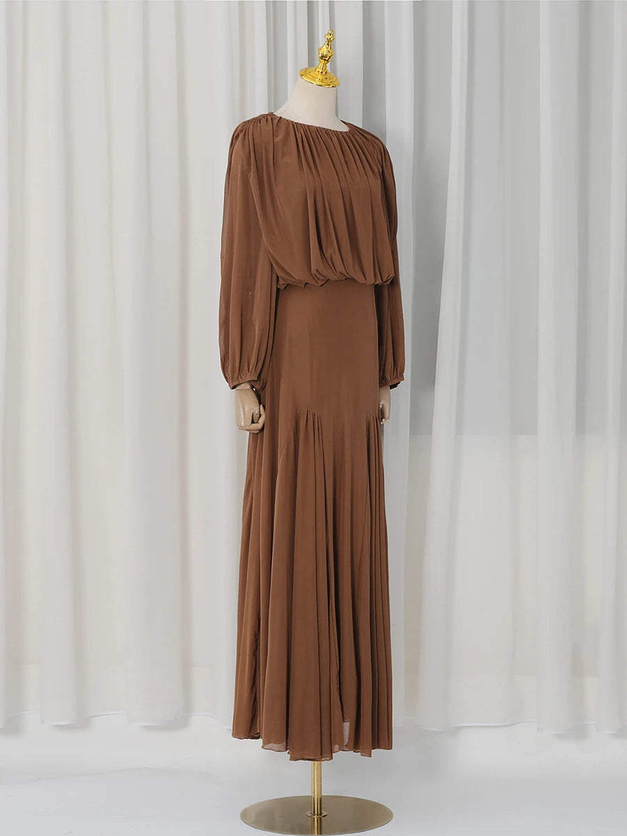 VGH Yellow Dinner Loose Folds Maxi Dresses for Women O Neck Shoulder Pud High Waist Temperament Dress Female Fashion Clothing