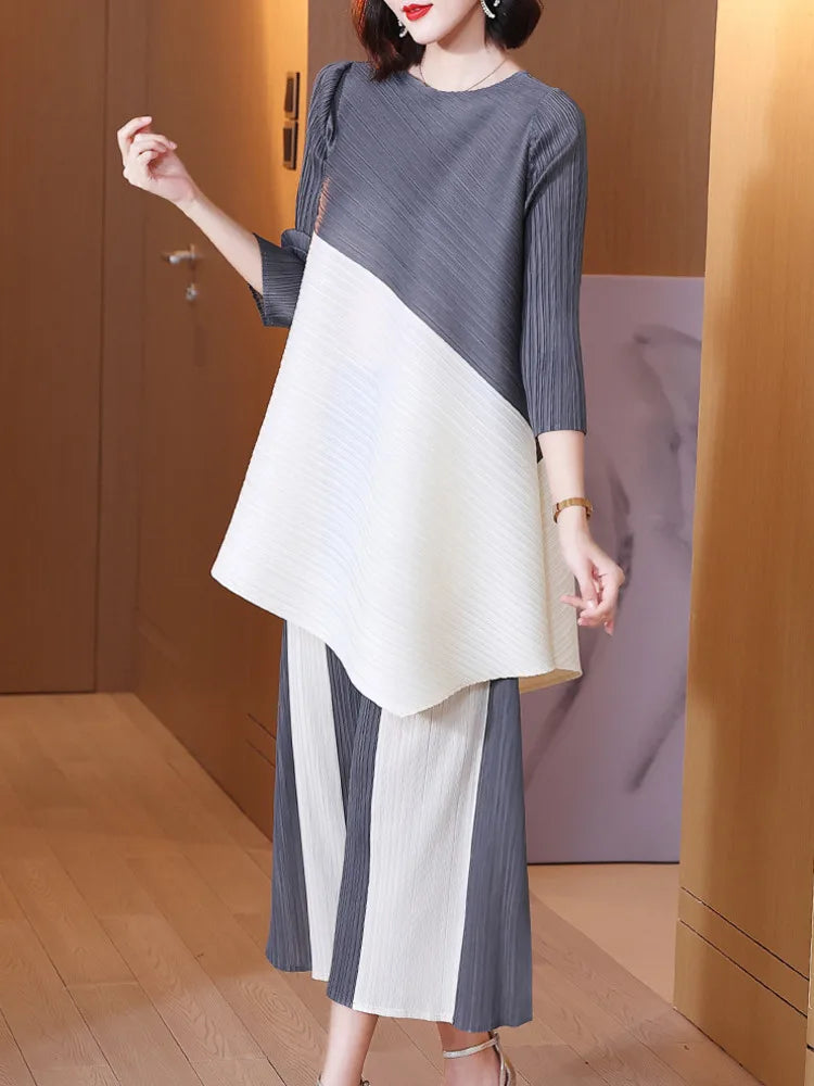 Women's Pleated Sets Contrast Color O-neck Asymmetric Top Dress+ Loose Wide Leg Pant Two-piece Casual Suits