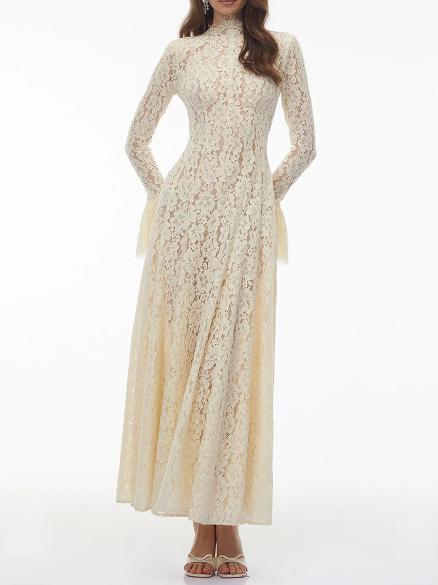 VGH White Loose Spliced Lace Chic Dresses for Women O Neck Long Sleeve French Elegant Dress Female Summer Fashion Style Clothing