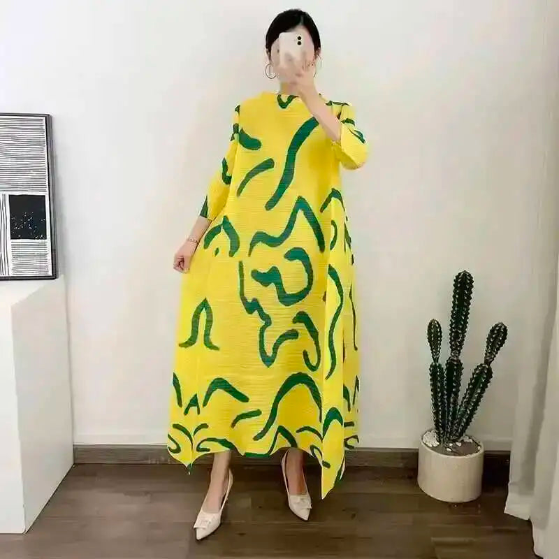 LANMREM Color Block Pleated Dress Women Loose Style Long Length Fashion Dresses Festival Clothes 2024 Spring Summer New 2DA1028