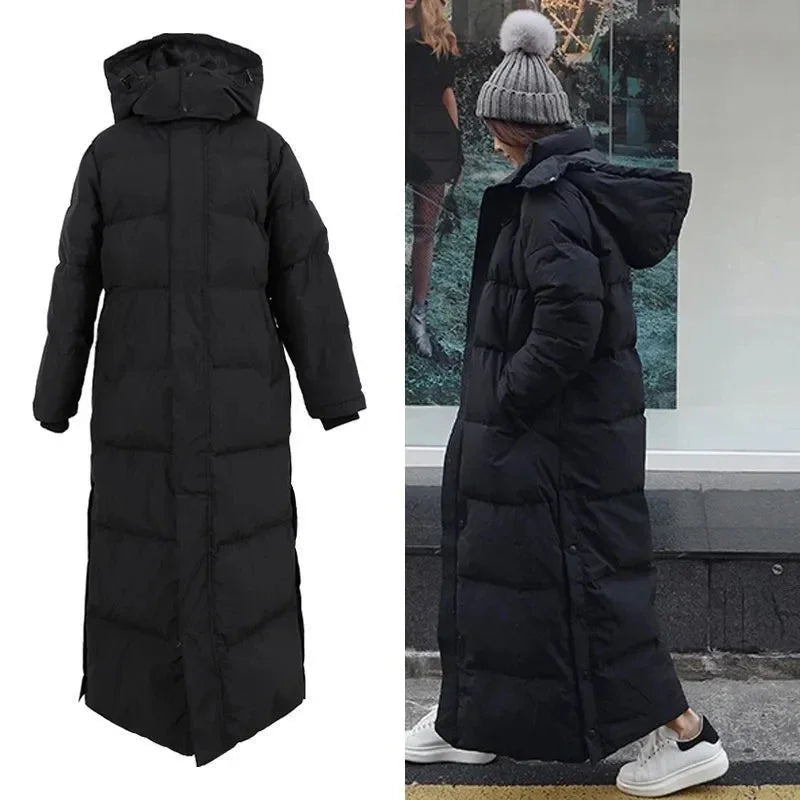 Women's Thickened Padded Cotton Parka Over-The-Knee Long Black down Coat Winter Warm Fashion Zipper Closure Slim Fit Female Jacket