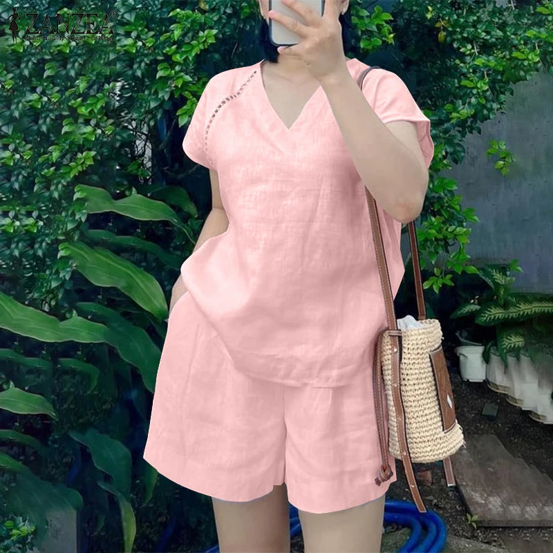 Women's Summer Lace Short Sets | V-Neck T-Shirt & Shorts 2-Piece Suit | HotTrendyPicks