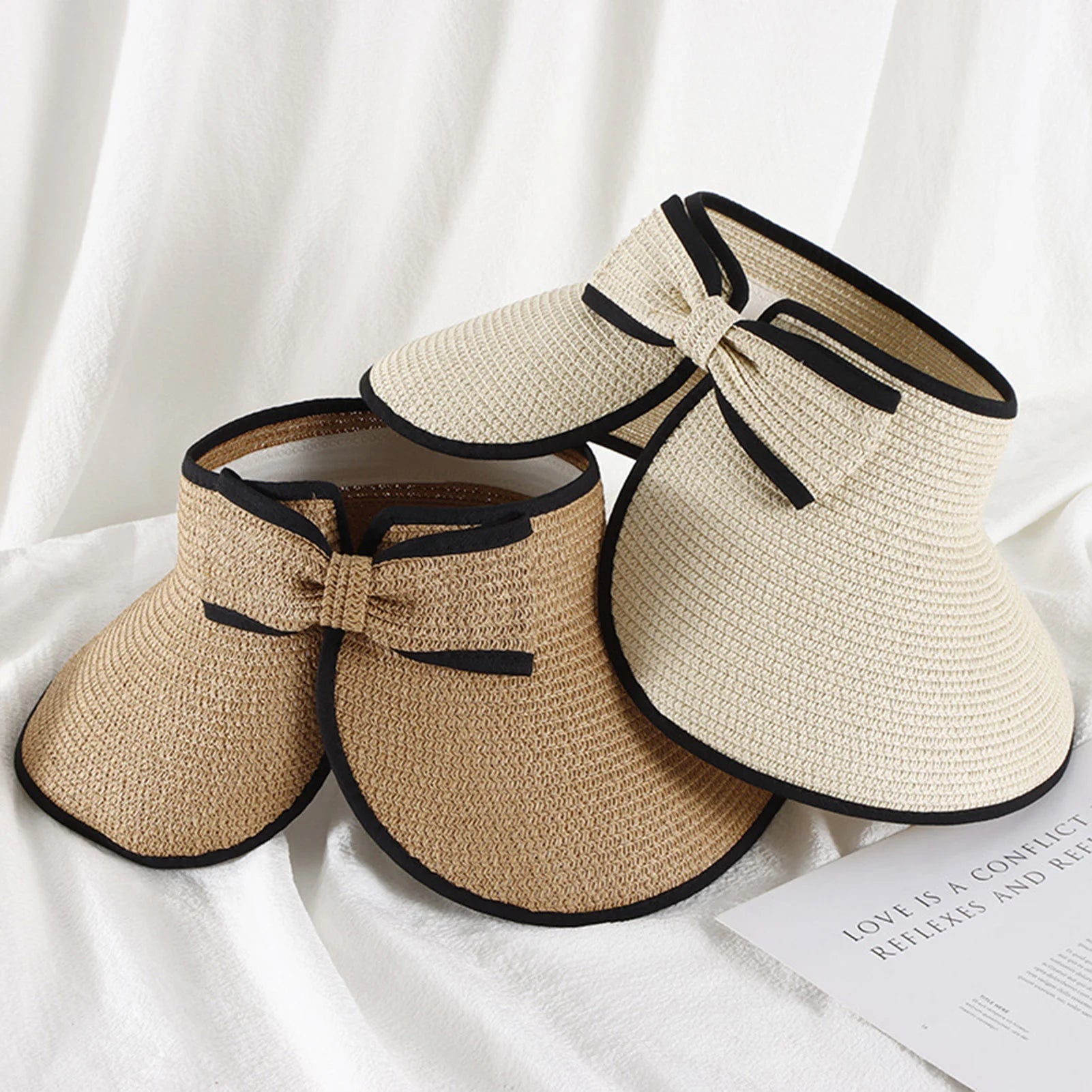 Summer Beach Sun Hat For Women Portable Folding Wide Brimmed Straw Hat Fashion Bow Shaped Hollow Top Straw Hat Girls Bucket Hats