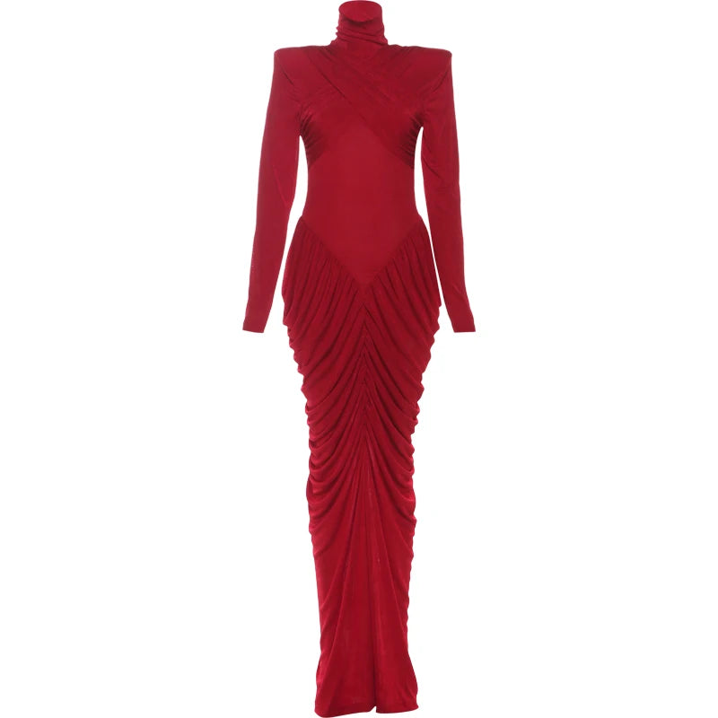 Weird Puss Autumn New Style Maxi Dress Women Turtleneck Full Sleeve Backless Skinny Stretch  Prom Party Ruched Elegant Vestidos