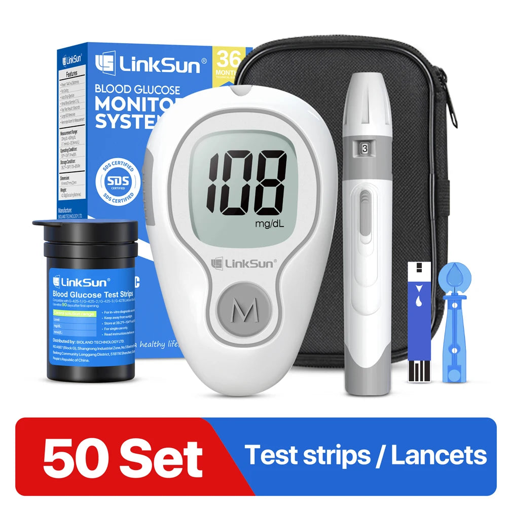 LinkSun G-425-3 Lecteur de glycémie Glucomètre Kit complet médical pour diabète Moniteur de glycémie Bandelettes de test de glucose