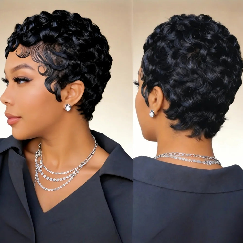 6-Inch Remy Human Hair Pixie Curly Wave Wig with Bangs | 150% Density Full Machine Made Wig, Easy To Wear for Daily Use & Partie