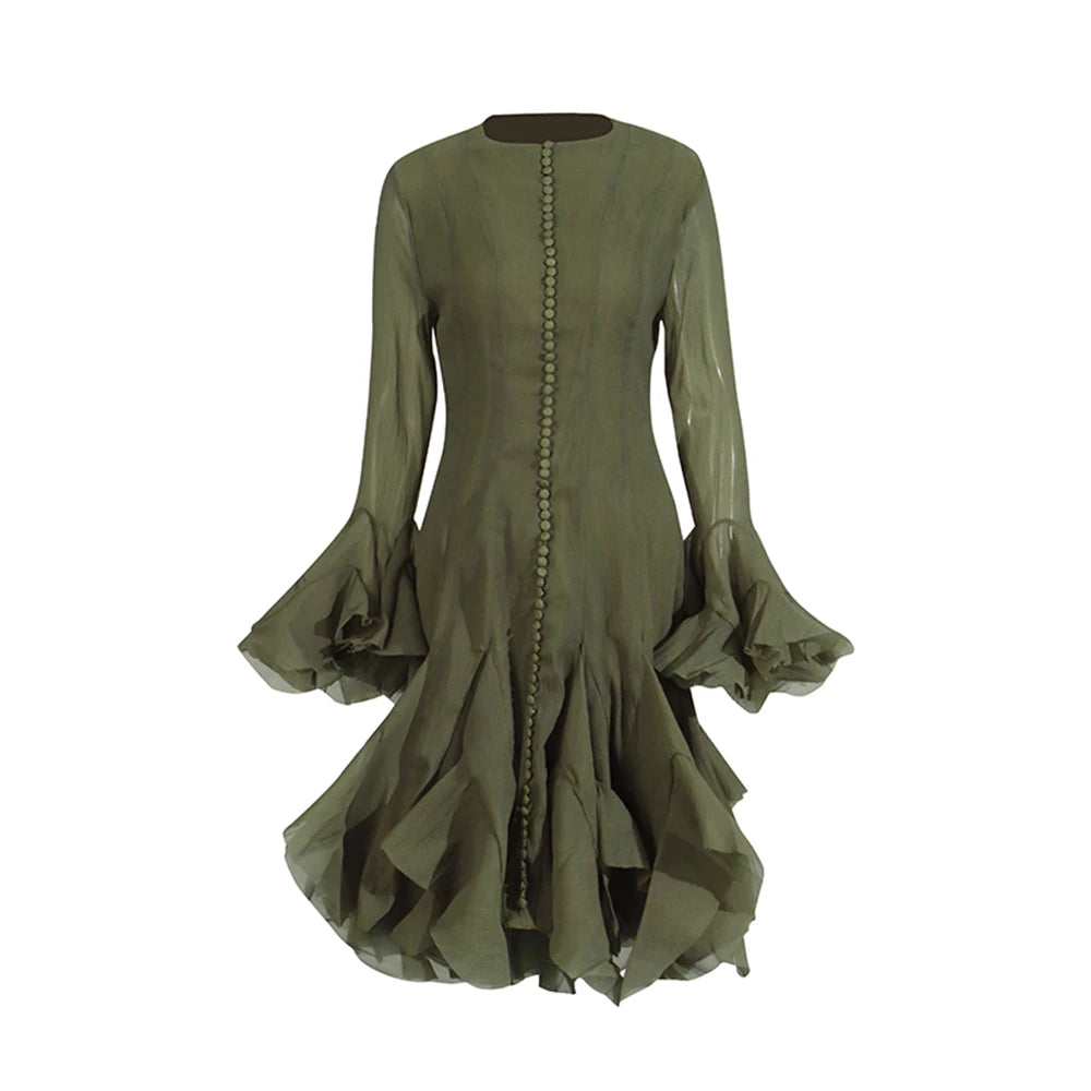 Women's Patchwork Ruffle-Sleeve A-Line Midi Dress