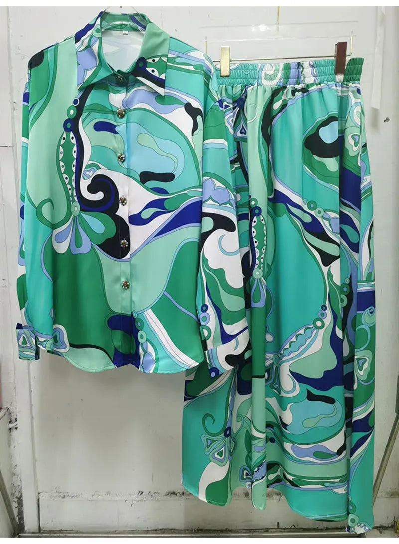 Retro Spring Fashion Two-Piece Set Geometric Print Long Sleeve Shirt Elastic Waist Fluffy Skirt Women's Holiday Outfit