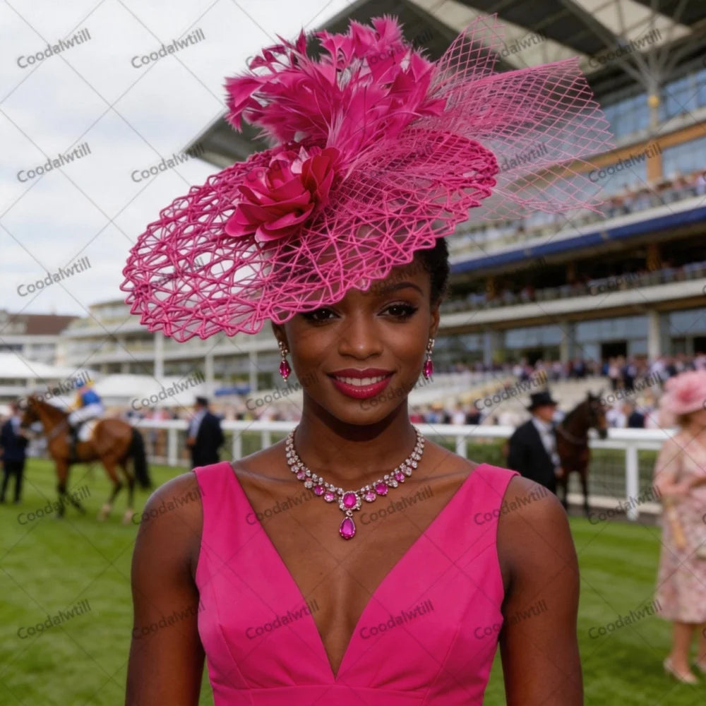 Hot Pink Wedding Fascinator Hat Ladies Cocktail Race Derby Headwear Ladies Women Mesh Feather Hair Accessories With Headbnad