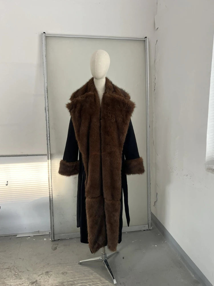 2026 Woman Vintage Faux Fur Woolen Long Luxury Overcoat Chic Full Sleeve V-neck Lace Up Loose Coat New Lady Commute Warm Outwear