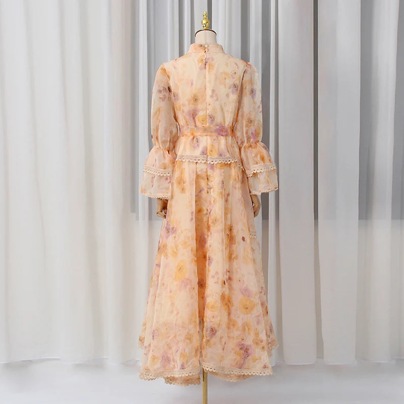 VGH Spring Colorblock Printing Dress for Women Stand Collar Puff Sleeves High Waist Elegant Birthday Party Long Dresses Female