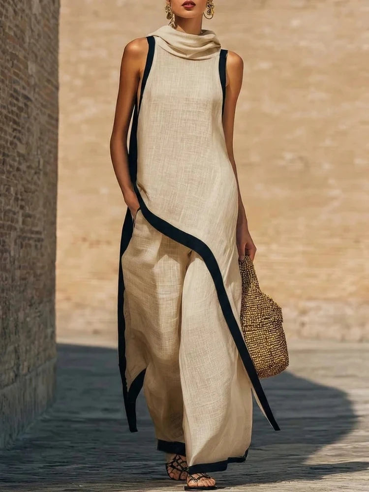 Women's Sleeveless Contrast Two-Piece Set & Wide-Leg Trousers