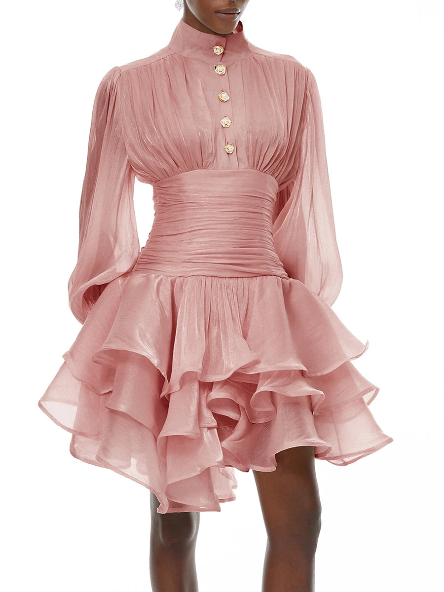 VGH Elegant Pink High Neck Organza Fabric Mini Dresses for Women Puff Sleevs Ruched Waist Tiered Ruffles for Cocktail Parties