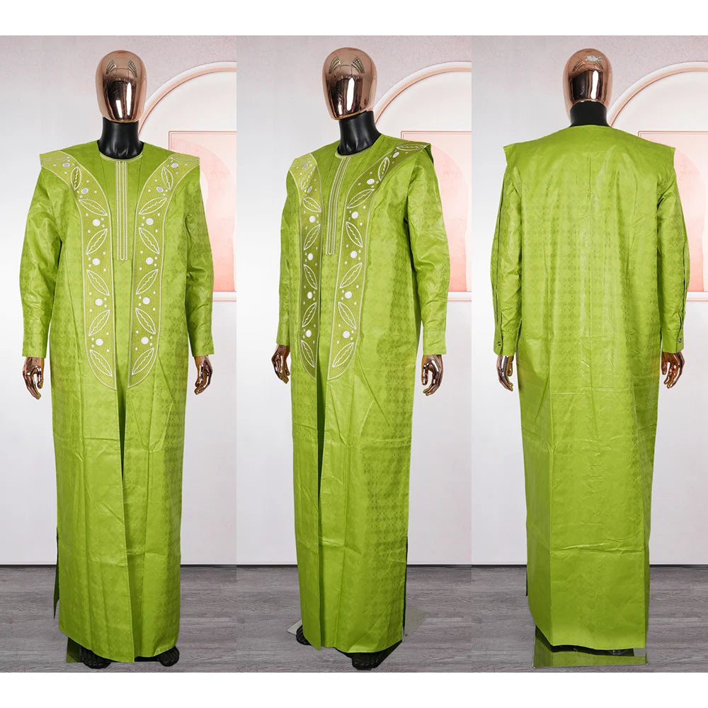 H&D 2026 Bazin Riche Embroidery Plus Size African Clothing For Man Traditional Agbada Sets Dubai Thobe Pant Wedding Party Suit