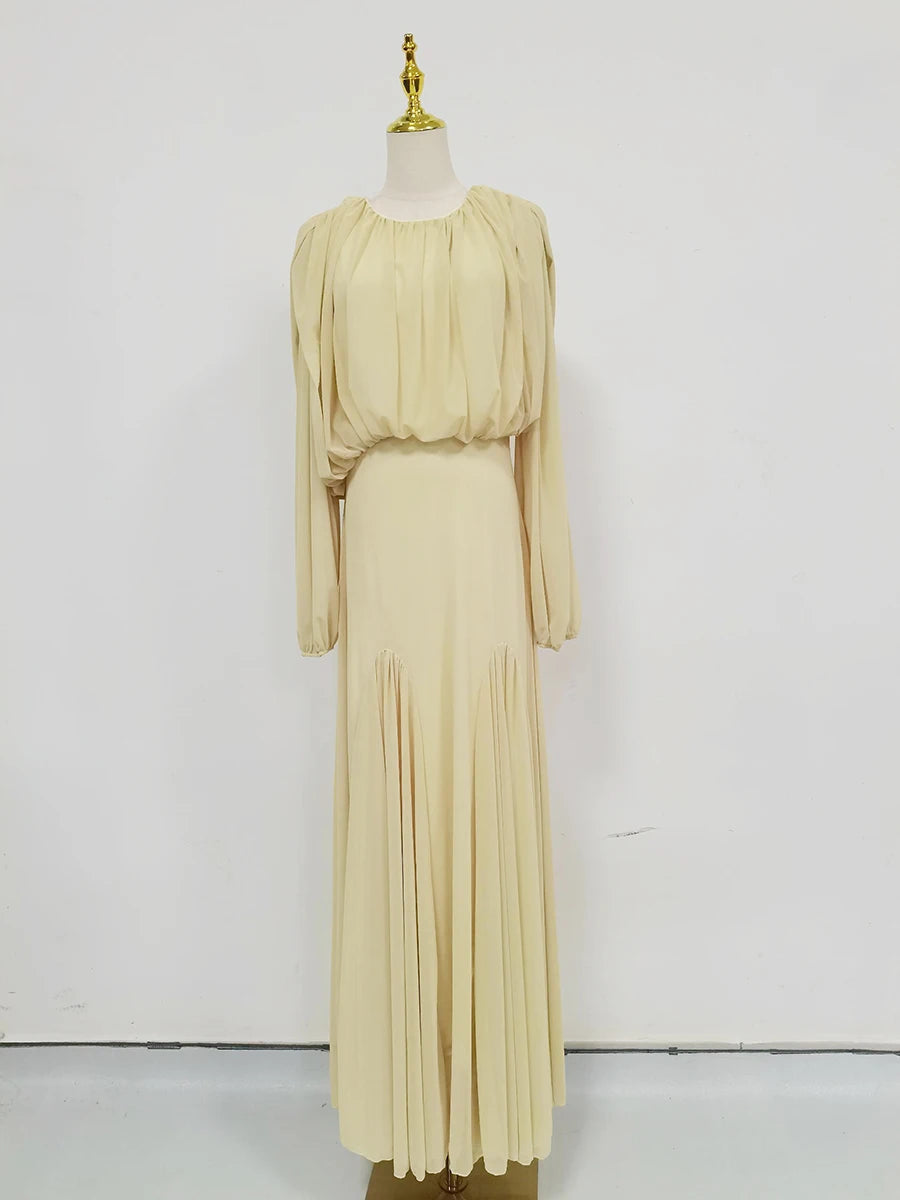 VGH Yellow Dinner Loose Folds Maxi Dresses for Women O Neck Shoulder Pud High Waist Temperament Dress Female Fashion Clothing