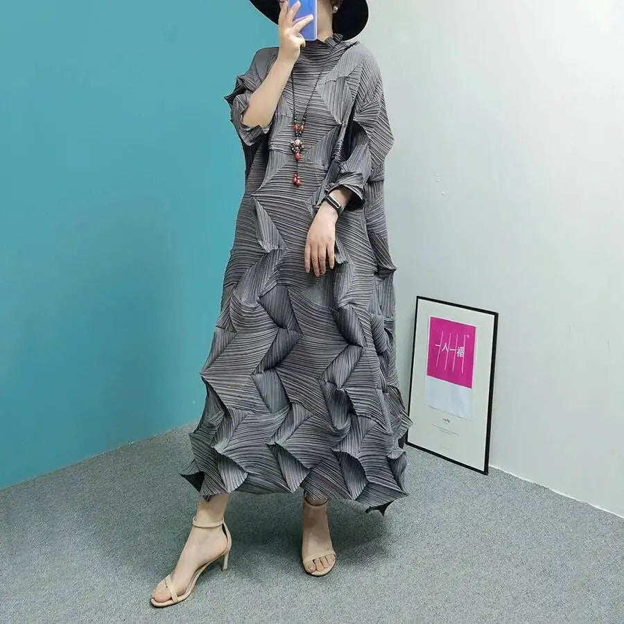 Women's Pleated Maxi Dress | Turtleneck Solid Colour Loose A-Line | Spring Summer 2025 | AvantBah