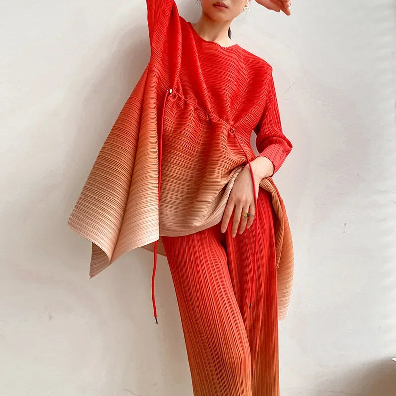 Miyake Fold Suit for Women 2024 Spring Summer Loose Foreign Style Two-piece Fashion Meat Shield Wide-leg Pants Two-piece Set