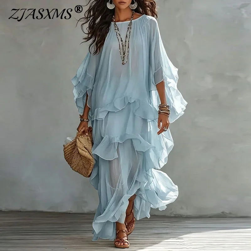 Vintage Solid Tiered Ruffle Mesh Dress Women Crew Neck Loose Batwing Sleeve Sheer Maxi Dress Elegant Holiday Travel Casual Dress