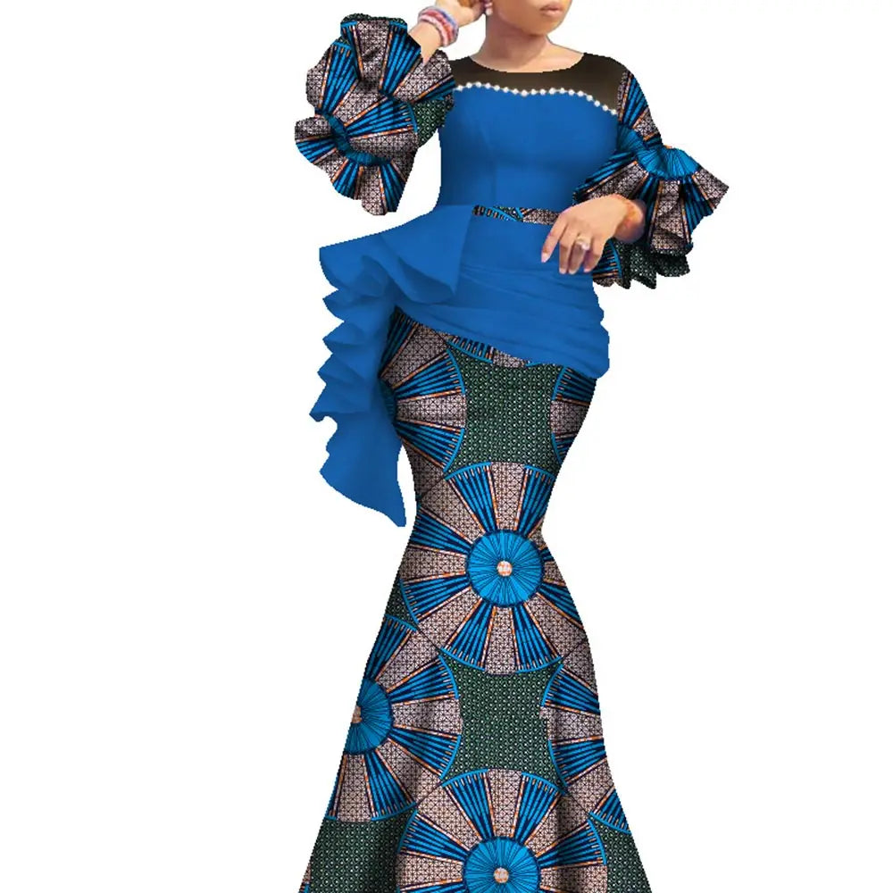 Women’s Ankara Print Lantern Sleeve Maxi Dress – Dashiki | Pearl Detail | Cotton Wax | Wedding & Party | XS–6XL + Custom | 14 Prints