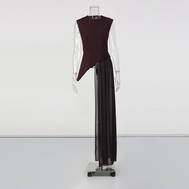 VGH Office Elegant Spliced Zip Sleeveless Shirts for Women O Neck Irregular Hem Spliced Mesh Ribbon Minimalist Blouse Female New
