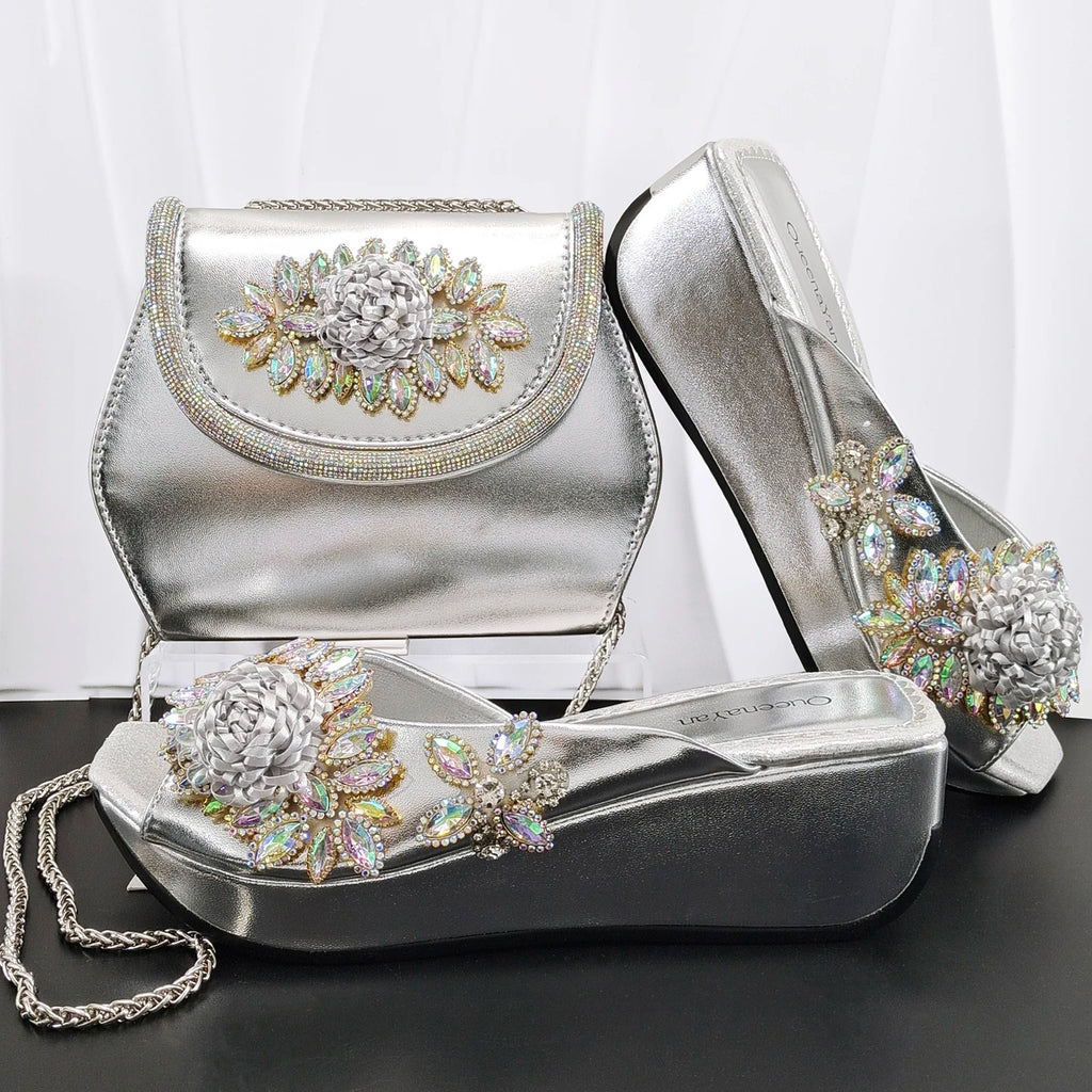 Newest Italian Design Special Synthetic Fabrics Women's Wedge heel Matching Shoe and Bag Set High Heel for Weddings and Parties