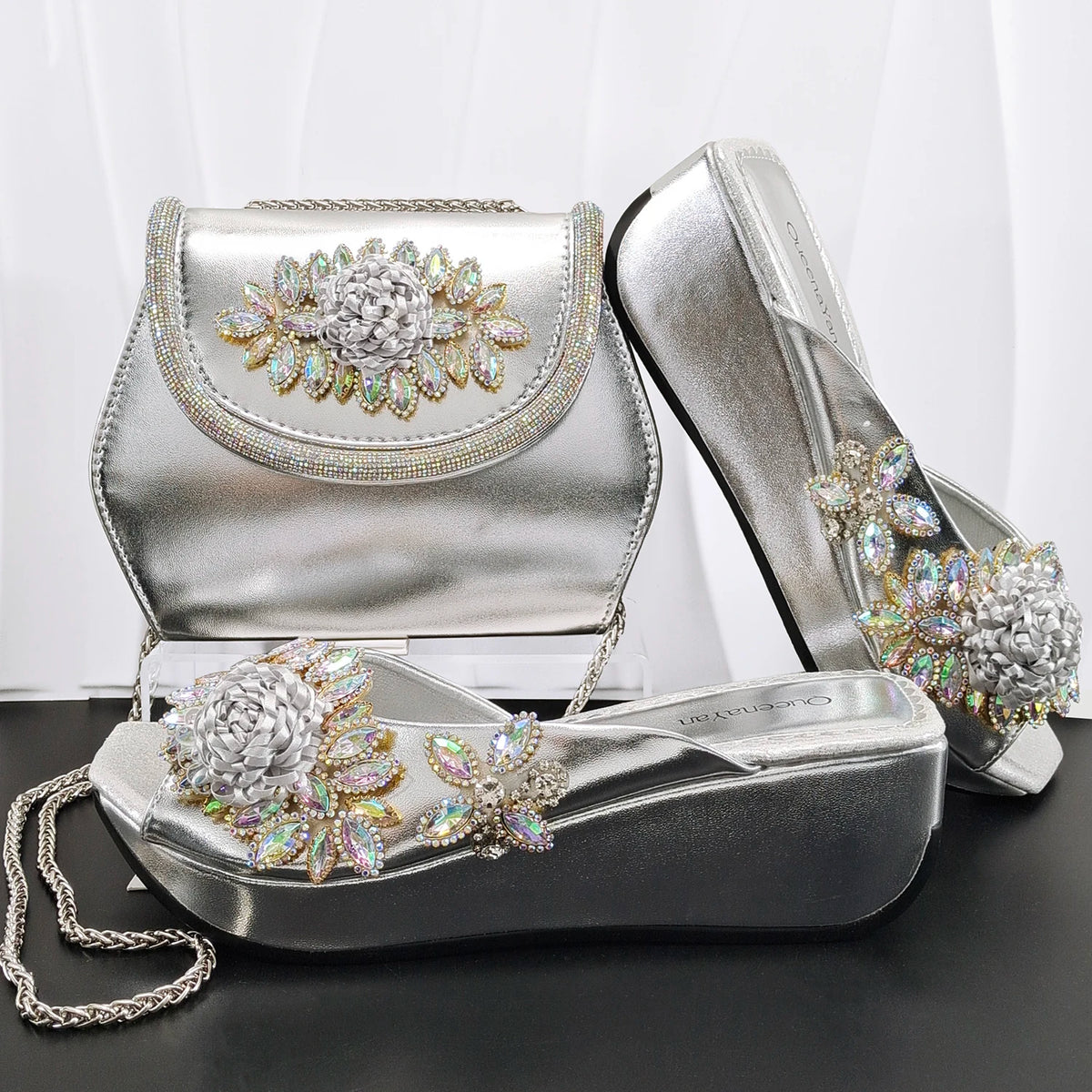 Newest Italian Design Special Synthetic Fabrics Women's Wedge heel Matching Shoe and Bag Set High Heel for Weddings and Parties