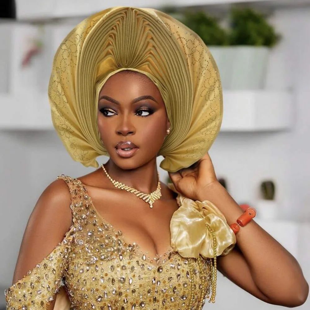 Pre-Made African Auto Gele Turban Cap | Nigerian Wedding Headpiece & Head Wrap | AvantBah