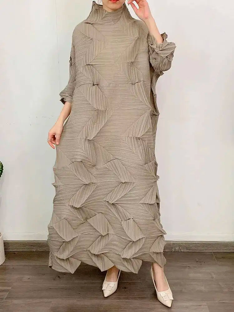 Women's Pleated Maxi Dress | Turtleneck Solid Colour Loose A-Line | Spring Summer 2025 | AvantBah
