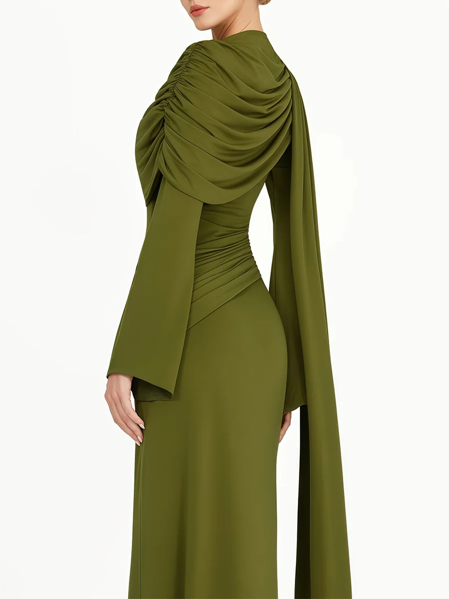 VGH Wedding Guests Green Shawl Mermaid Maxi Dress for Round Neck Flared Long Sleeve Draped Bodycon Skirt for Galas Red Carpet