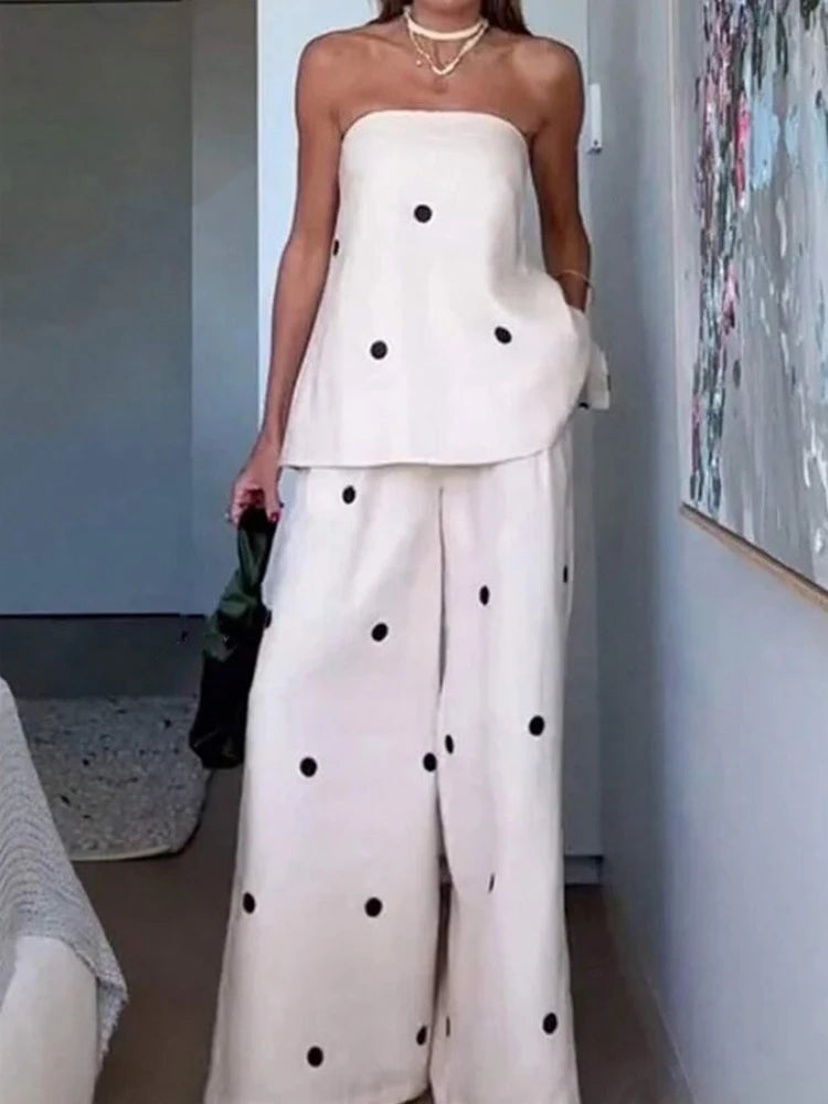 Polka Dot Two-Piece Set | High Collar Top & Ankle-Length Skirt
