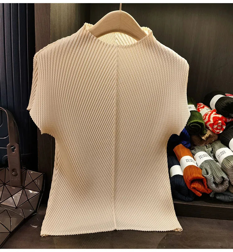 LANMREM Stand Collar Dragon Scale Pleated T-shirt High-end Versatile Slimming Short Sleeved Women's Summer Pullover Tops 2DB3044
