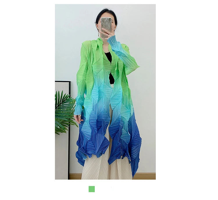Women's Miyake Pleated Gradient Cardigan Cape Jacket | Loose Mid-Length Autumn Coat 2025 | AvantBah