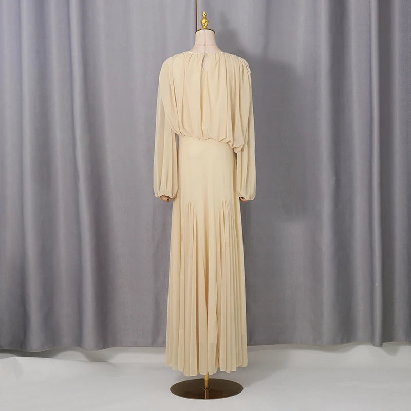 VGH Yellow Dinner Loose Folds Maxi Dresses for Women O Neck Shoulder Pud High Waist Temperament Dress Female Fashion Clothing