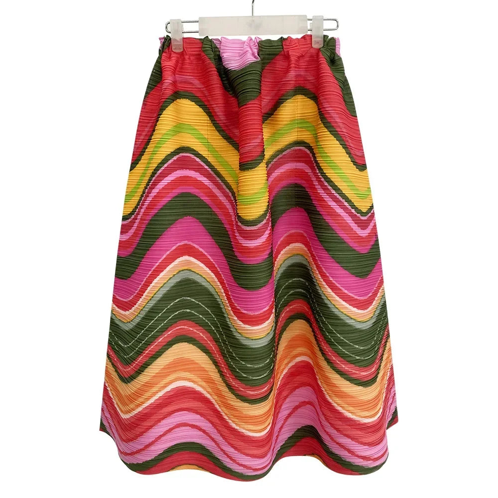 2025 Spring New Women's 2 Piece Set Miyake Pleated Top Fashion Stripe Age Reducing Suit Fashionable Matching Printed Half Skirt