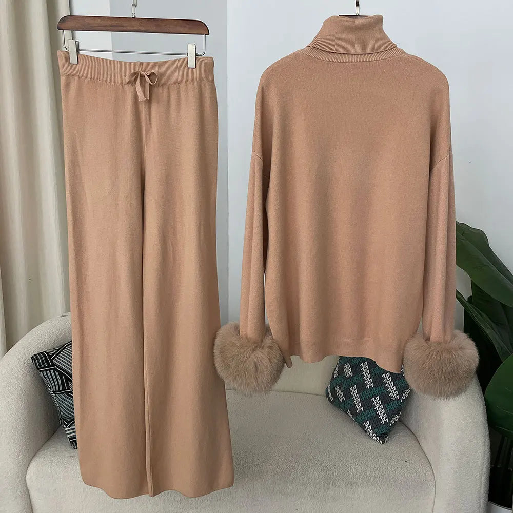 Fashion Autumn Winter Natural Real Fox Fur Cuffs Coat Knitted Sweater Women