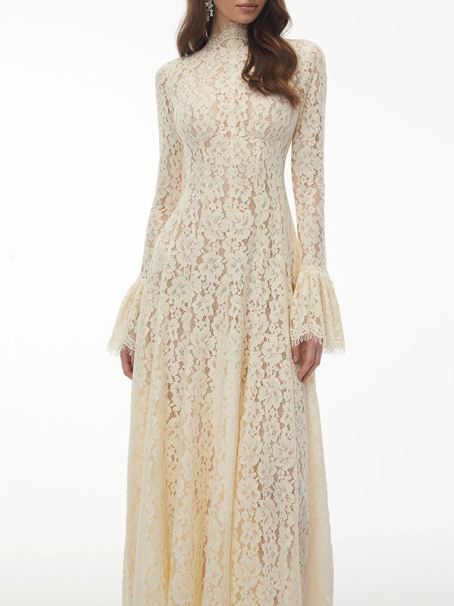 VGH White Loose Spliced Lace Chic Dresses for Women O Neck Long Sleeve French Elegant Dress Female Summer Fashion Style Clothing