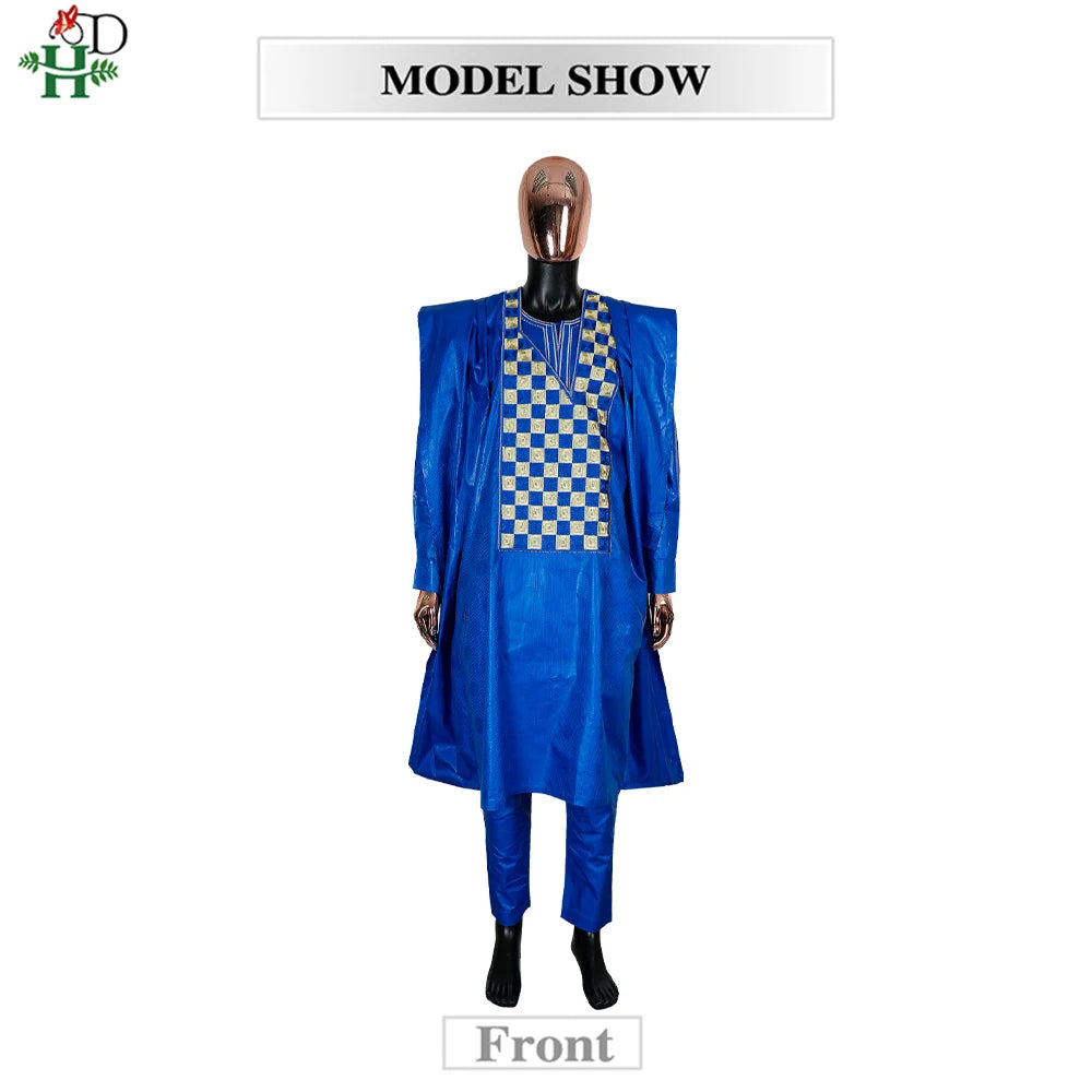 Men's African Agbada 3-Piece Set | Blue Bazin Riche Embroidery Shirt & Trousers | Wedding & Party