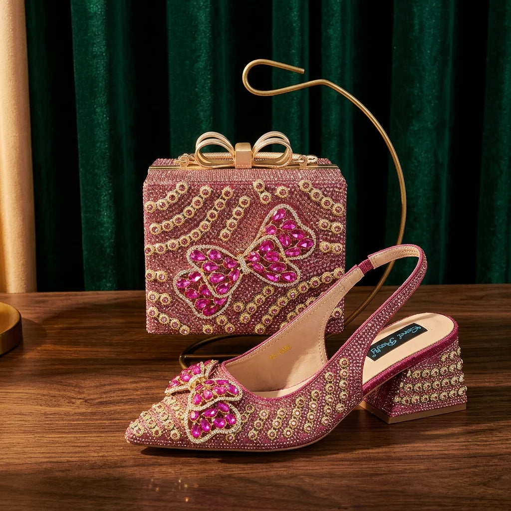 2026 New Arrival Italian-Inspired Champange Rhinestone Pointed Toe Women’s High Heels with Matching Handbag Set Elegant Wedding