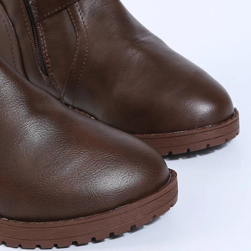 Women Knee High Boots Platform Long Boots Low Heels Round Toe Shoes New Zip Brown High Boot Vintage Pu Leather Women Boots 2025