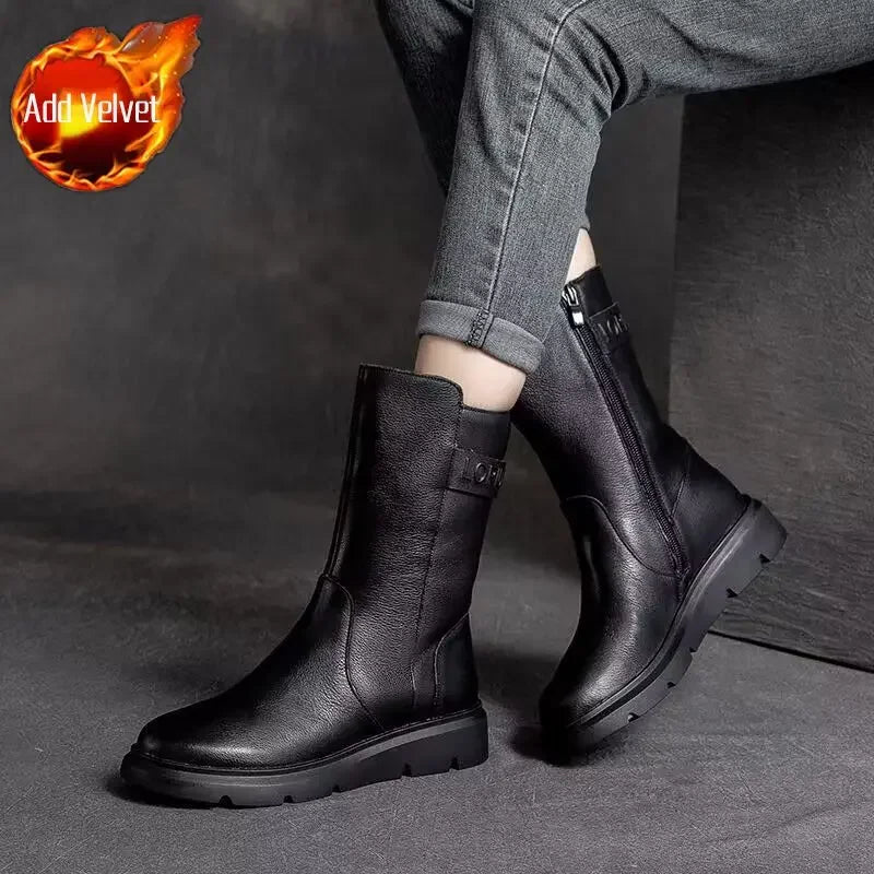 Women's Retro Mid-Calf Boots – Low Heel | Side Zip | Waterproof | Plush or Standard Lining | EU 35–41 | Brown & Black