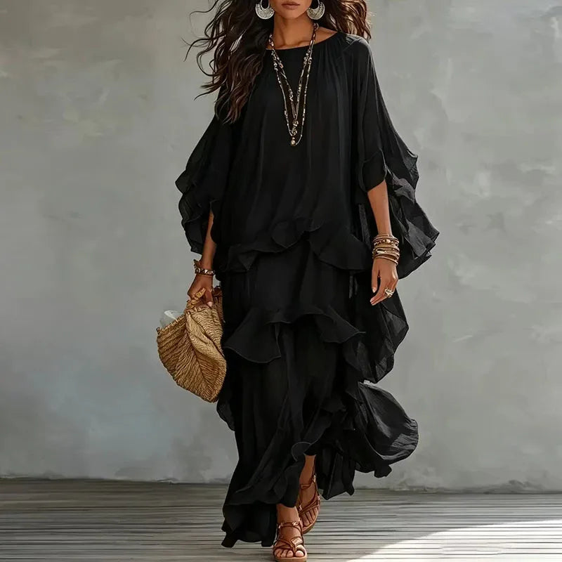 Vintage Solid Tiered Ruffle Mesh Dress Women Crew Neck Loose Batwing Sleeve Sheer Maxi Dress Elegant Holiday Travel Casual Dress
