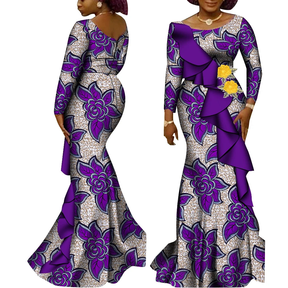 Long Sleeve African Dresses for Women Cotton Ankara Print African Clothes for Wedding Wear Lady Dashiki Party Dresses WY9200