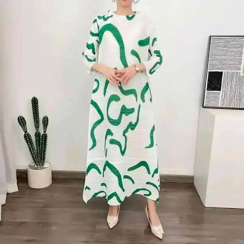 LANMREM Color Block Pleated Dress Women Loose Style Long Length Fashion Dresses Festival Clothes 2024 Spring Summer New 2DA1028