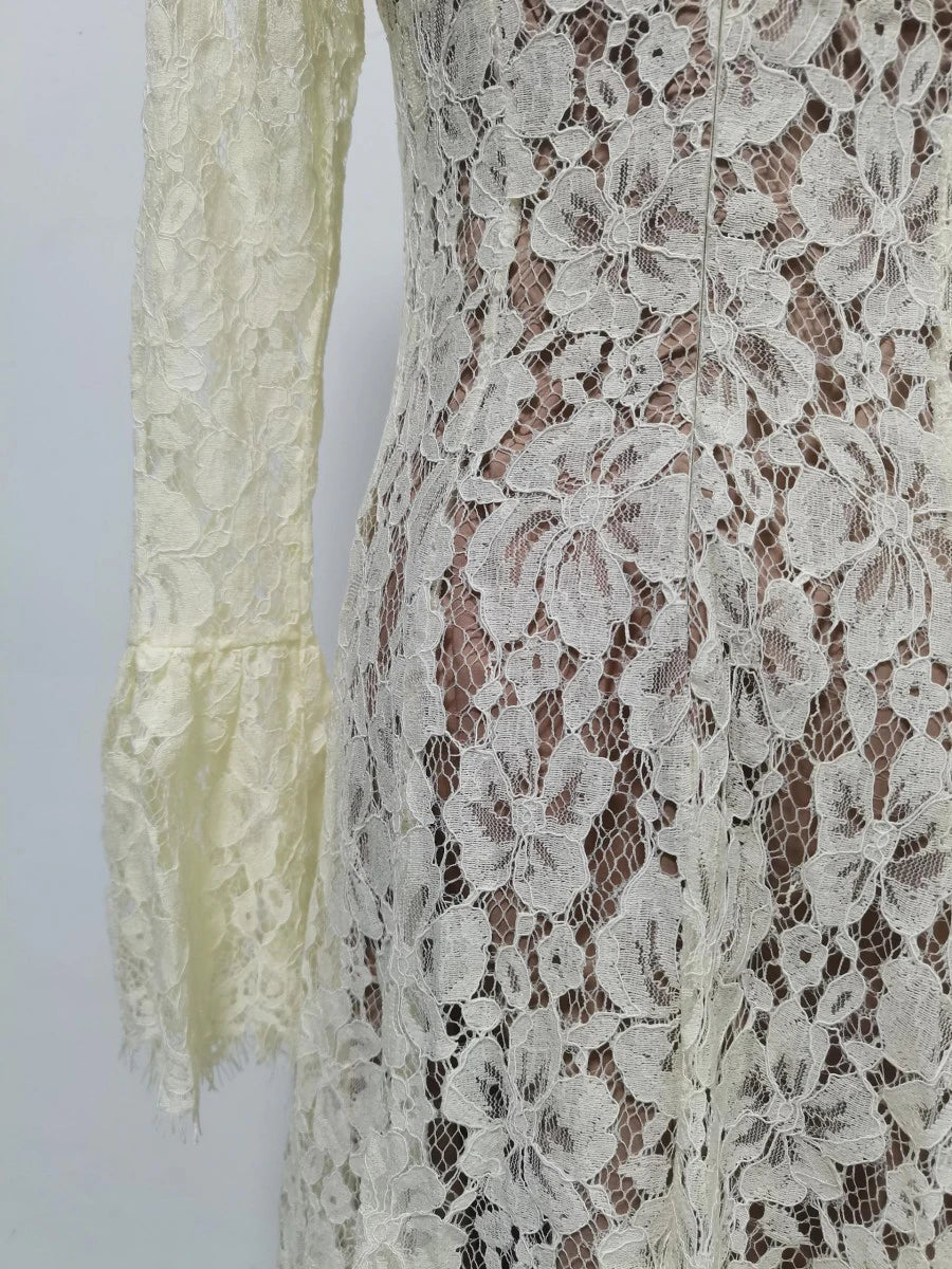 VGH White Loose Spliced Lace Chic Dresses for Women O Neck Long Sleeve French Elegant Dress Female Summer Fashion Style Clothing