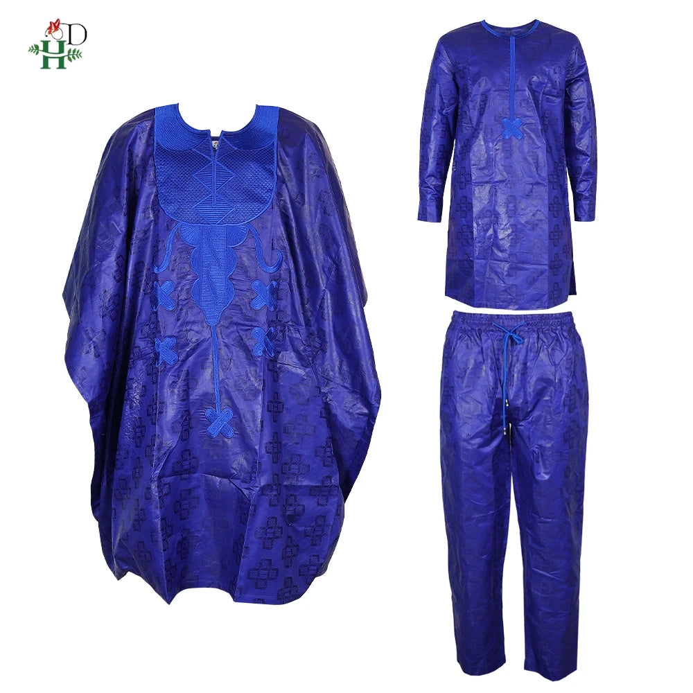 Men's African Traditional 3PCS Outfit  Blue Bazin Riche Agbada Embroidered Robe