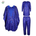 Men's African Traditional 3PCS Outfit  Blue Bazin Riche Agbada Embroidered Robe