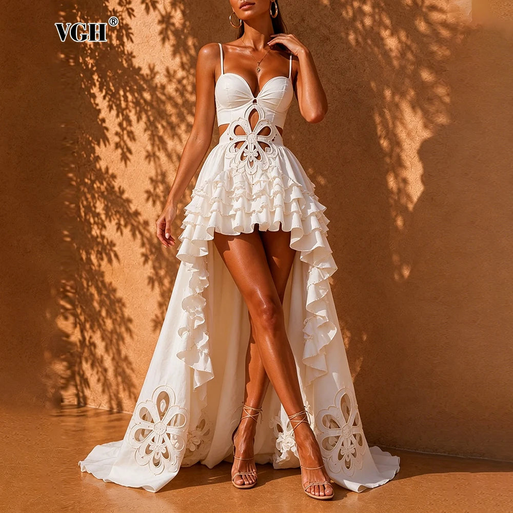 VGH Romantic Boho Delicate Dreamy Ruffled Summer High Low Dress for Women Spaghetti Strap Floral Cutout Hollow Maxi Party Gown