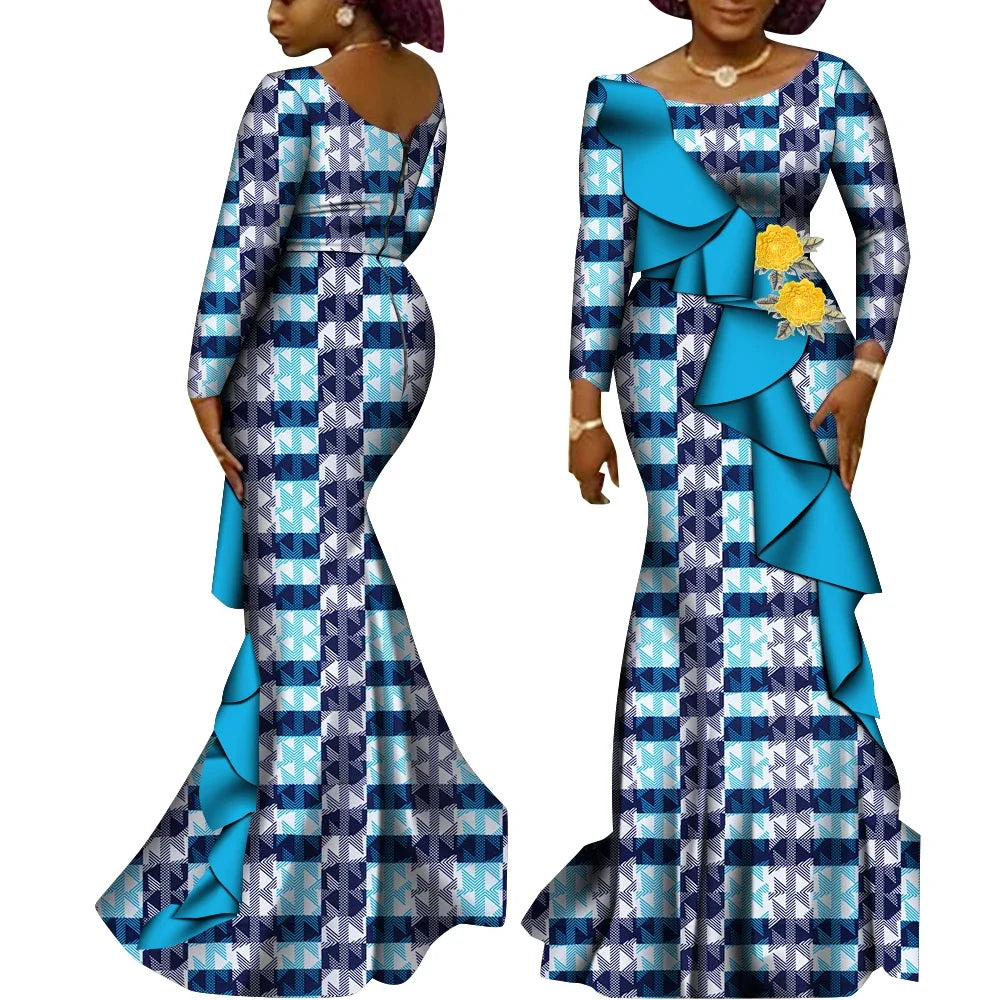 Long Sleeve African Dresses for Women Cotton Ankara Print African Clothes for Wedding Wear Lady Dashiki Party Dresses WY9200