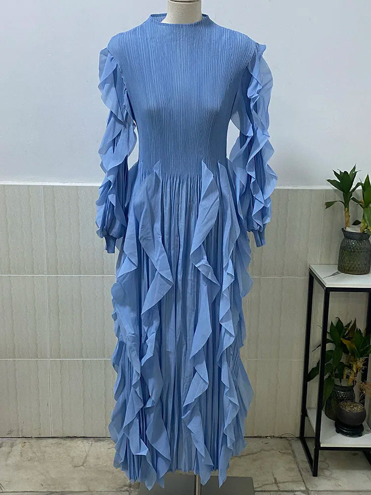 Women's Pleated Stand-Collar A-Line Dress